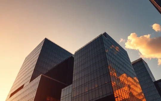 Modern corporate office building in a financial district at golden hour