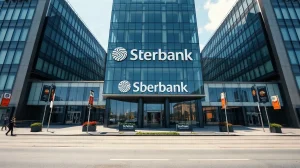Sberbank headquarters in Moscow under clear daylight, representing Russia's largest bank entering crypto services.
