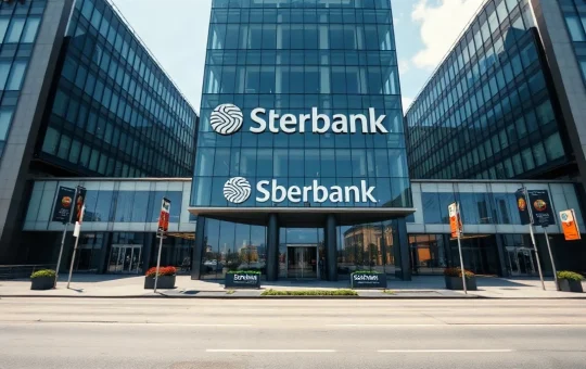 Sberbank headquarters in Moscow under clear daylight, representing Russia's largest bank entering crypto services.