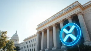 SEC headquarters building with a digital XRP coin overlay symbolizing regulatory scrutiny