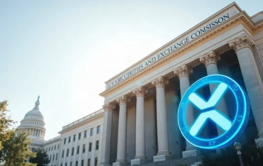 SEC headquarters building with a digital XRP coin overlay symbolizing regulatory scrutiny