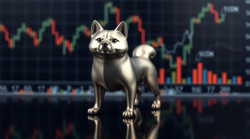 Metallic Shiba Inu dog figurine in front of blurred financial charts, representing SHIB price analysis.