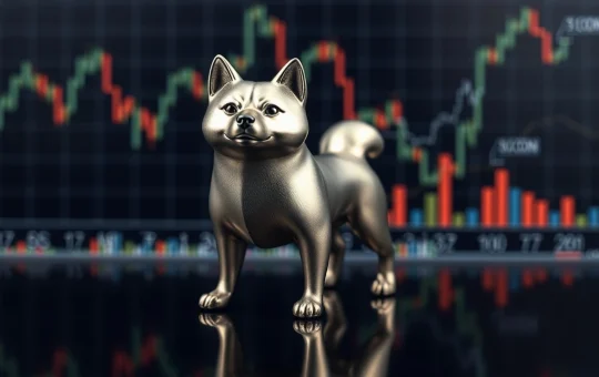 Metallic Shiba Inu dog figurine in front of blurred financial charts, representing SHIB price analysis.