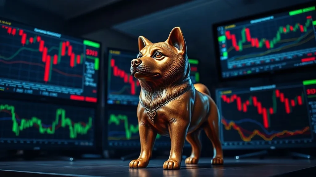 Bronze Shiba Inu statue on a trading desk with monitors showing crypto charts and liquidation data.