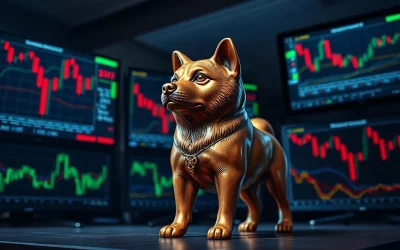 Bronze Shiba Inu statue on a trading desk with monitors showing crypto charts and liquidation data.