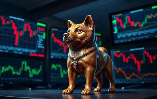 Bronze Shiba Inu statue on a trading desk with monitors showing crypto charts and liquidation data.