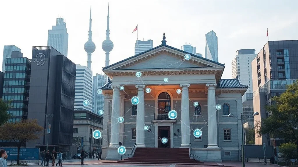 Digital blockchain interface overlaying Seoul financial district, symbolizing Shinhan's tokenized fund pilot on Solana