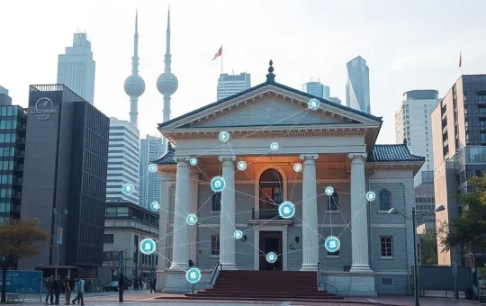 Digital blockchain interface overlaying Seoul financial district, symbolizing Shinhan's tokenized fund pilot on Solana