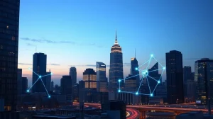 Digital network overlay on a financial district skyline at dusk, representing crypto's integration with traditional finance.