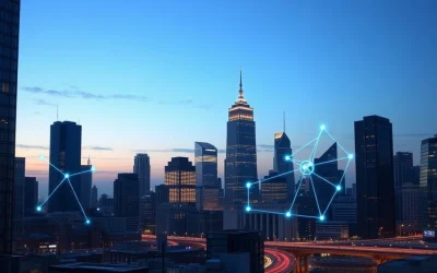 Digital network overlay on a financial district skyline at dusk, representing crypto's integration with traditional finance.