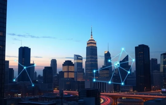Digital network overlay on a financial district skyline at dusk, representing crypto's integration with traditional finance.
