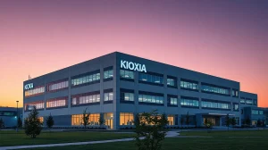 Exterior of a Kioxia semiconductor facility at dusk