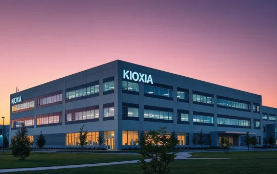 Exterior of a Kioxia semiconductor facility at dusk