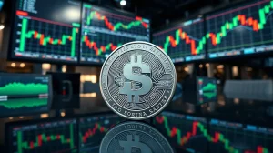 Solana token on a trading desk with rising chart on monitors