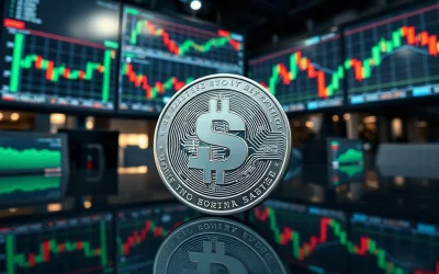 Solana token on a trading desk with rising chart on monitors
