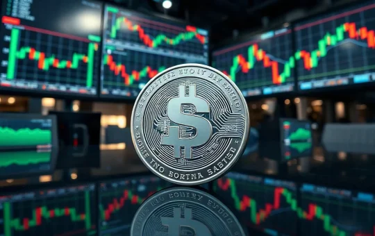 Solana token on a trading desk with rising chart on monitors