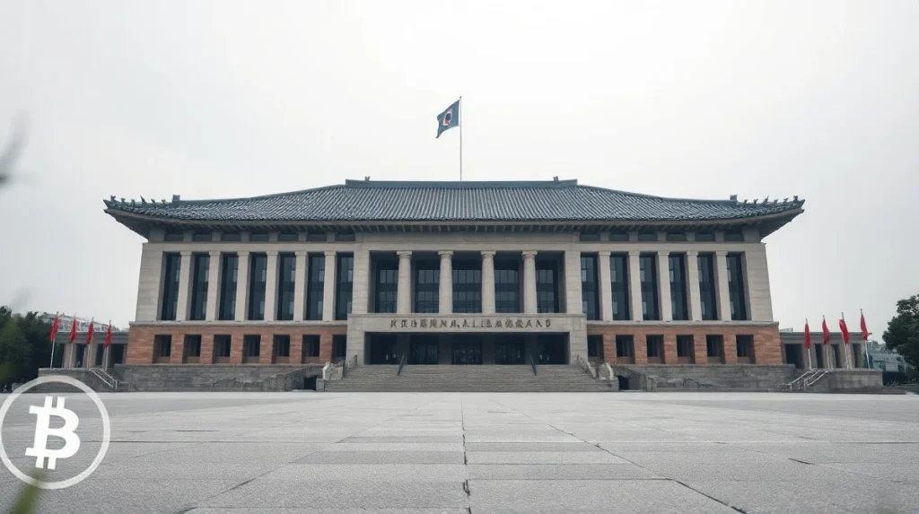 South Korean National Assembly building with a subtle digital crypto symbol overlay, representing the 2027 crypto tax law.