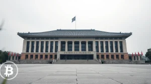 South Korean National Assembly building with a subtle digital crypto symbol overlay, representing the 2027 crypto tax law.
