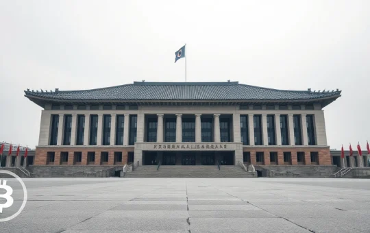 South Korean National Assembly building with a subtle digital crypto symbol overlay, representing the 2027 crypto tax law.