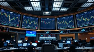 Stock market trading screens showing charts and tickers during a volatile trading session