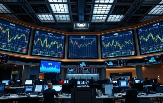 Stock market trading screens showing charts and tickers during a volatile trading session