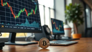 Bitcoin chart and stablecoin outflow graph on a monitor in a financial office