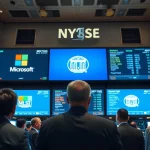 NYSE trading floor with screens showing Microsoft and Meta logos and Federal Reserve building icon