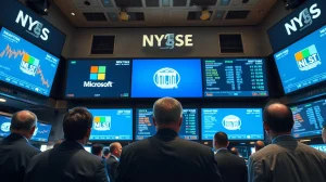 NYSE trading floor with screens showing Microsoft and Meta logos and Federal Reserve building icon