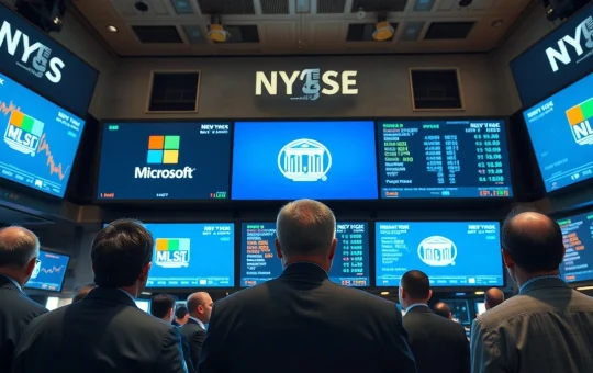 NYSE trading floor with screens showing Microsoft and Meta logos and Federal Reserve building icon