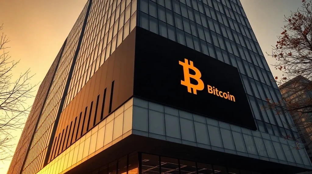 Corporate office building with a digital screen displaying a Bitcoin symbol