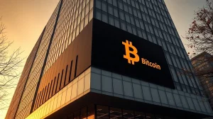 Corporate office building with a digital screen displaying a Bitcoin symbol