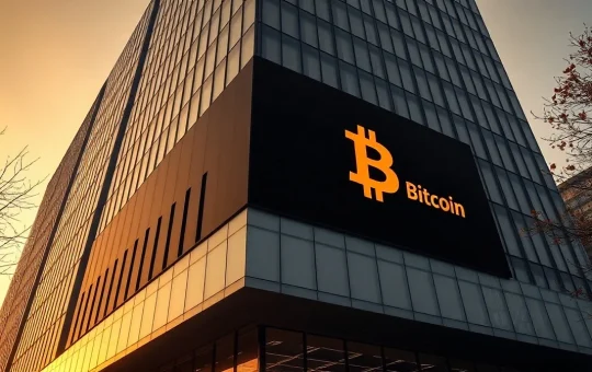 Corporate office building with a digital screen displaying a Bitcoin symbol