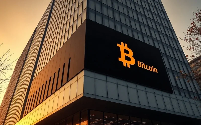 Corporate office building with a digital screen displaying a Bitcoin symbol