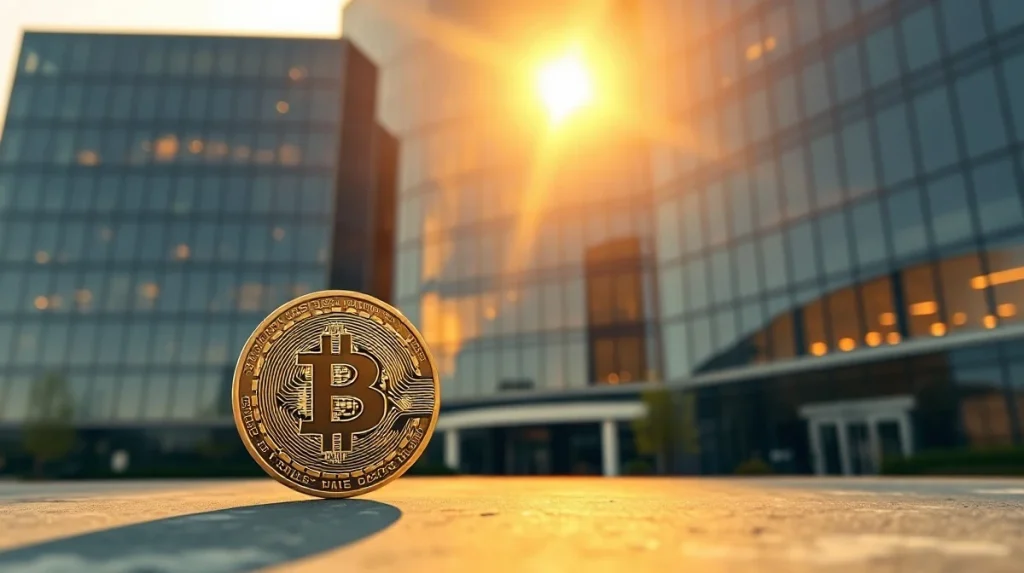 Bitcoin coin in front of a modern corporate office building at sunset, representing corporate treasury strategy.