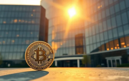Bitcoin coin in front of a modern corporate office building at sunset, representing corporate treasury strategy.