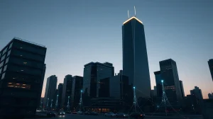 Digital network overlay on a financial district skyline representing institutional Bitcoin investment in Stacks