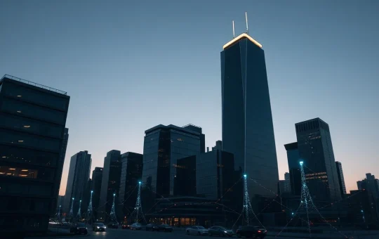 Digital network overlay on a financial district skyline representing institutional Bitcoin investment in Stacks