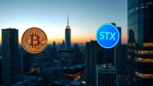Bitcoin and Stacks STX tokens connected by blockchain network lines over a financial district skyline