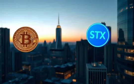 Bitcoin and Stacks STX tokens connected by blockchain network lines over a financial district skyline