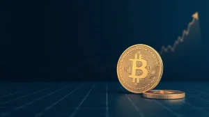 STX token and Bitcoin coin with an upward price chart line, symbolizing the recent STX price breakout.