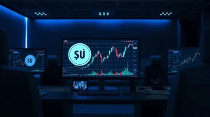 Sui (SUI) price chart on a trading monitor with market analysis in background