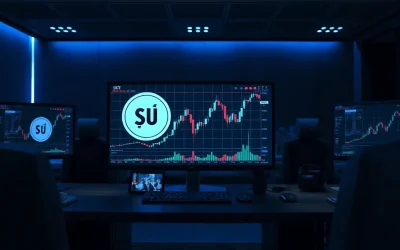 Sui (SUI) price chart on a trading monitor with market analysis in background
