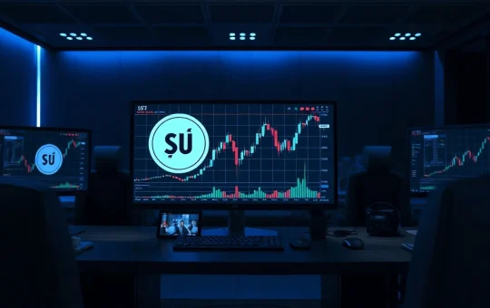 Sui (SUI) price chart on a trading monitor with market analysis in background