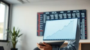 A professional investor calmly reviewing a financial chart on a tablet in a modern office.