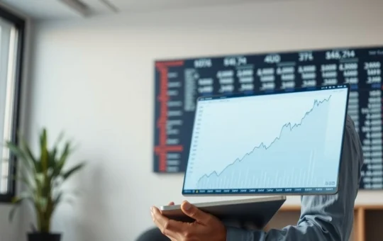 A professional investor calmly reviewing a financial chart on a tablet in a modern office.