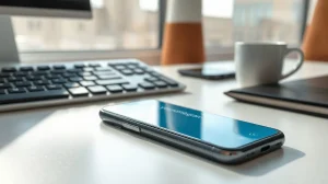 Smartphone displaying a Telegram chat interface with a .gram web address in a modern office setting