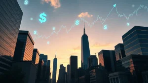 Tether Q2 financial report analysis with digital currency symbols over city skyline
