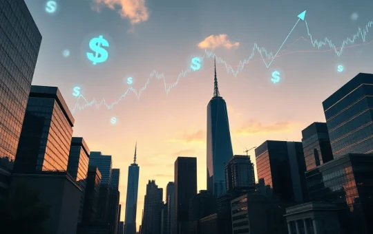Tether Q2 financial report analysis with digital currency symbols over city skyline