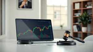 Laptop with crypto trading chart, gavel, and dollar bills on desk in office