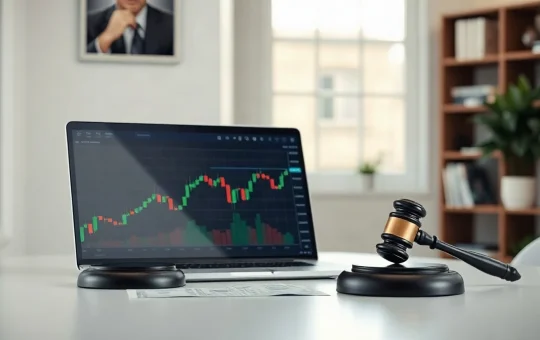 Laptop with crypto trading chart, gavel, and dollar bills on desk in office